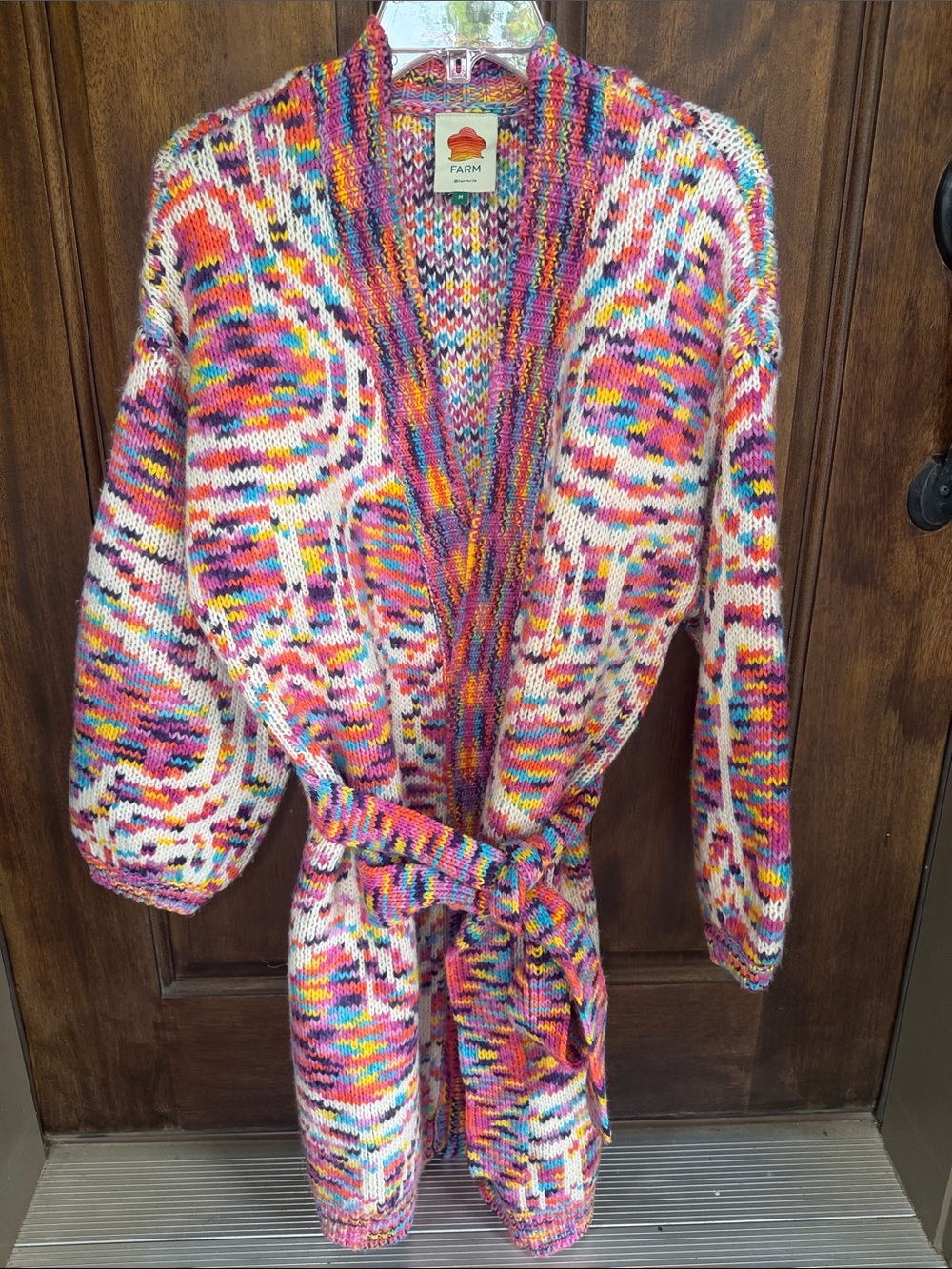 FARM Rio Multicolor Knit Belted Heart Cardigan in Pink Orange Yellow Blue Cream - Picture 1 of 7
